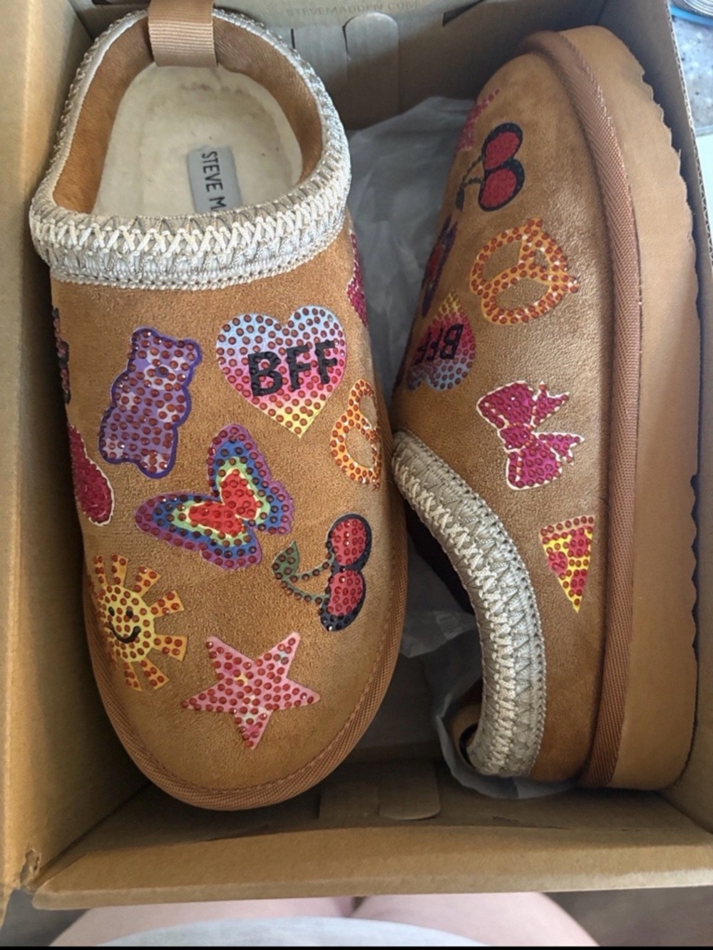 Steve Madden Tan Suede Slip-On Clogs with Multicolor Sequin Motifs